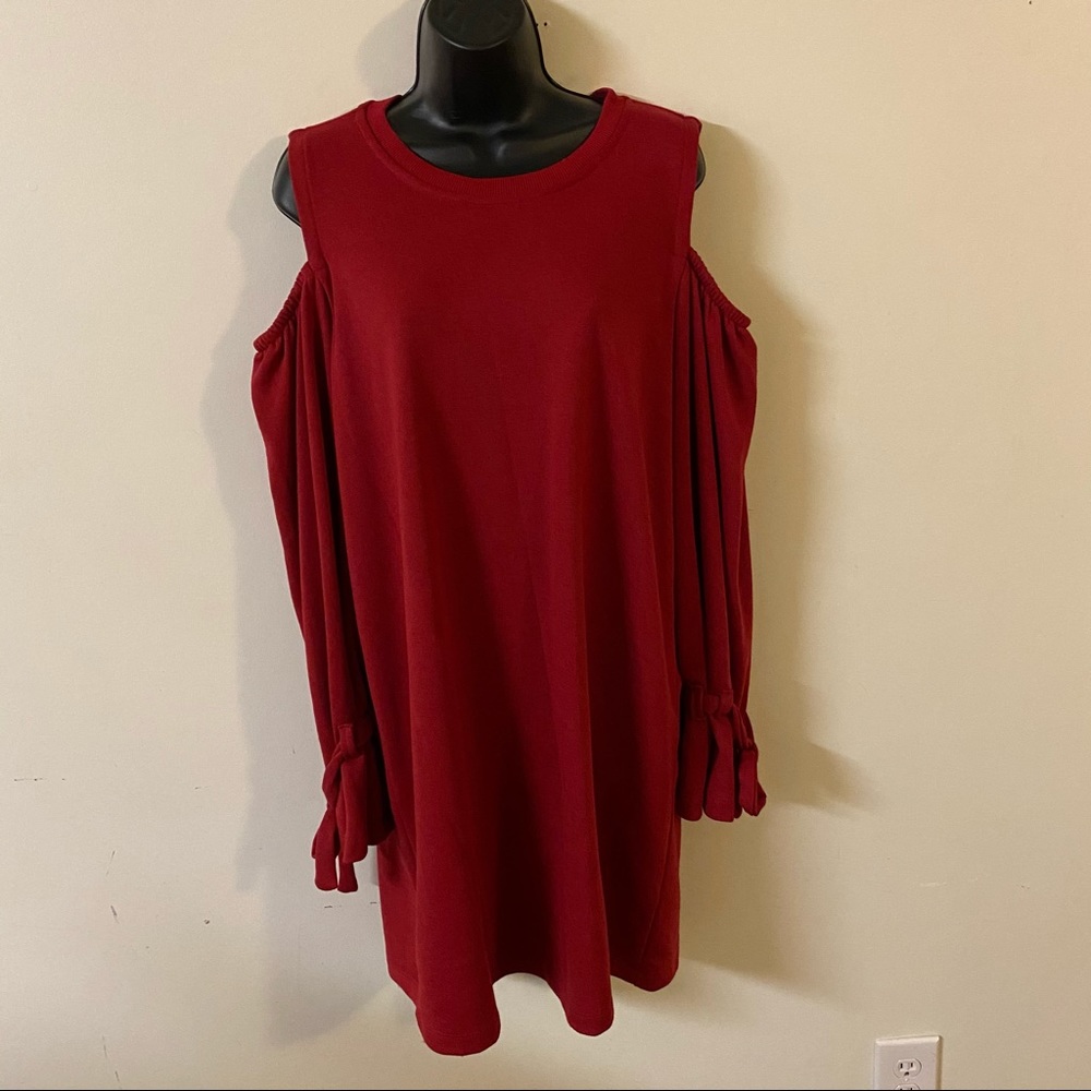 Red Cold Shoulder tie Bell Sleeve Lush Dress